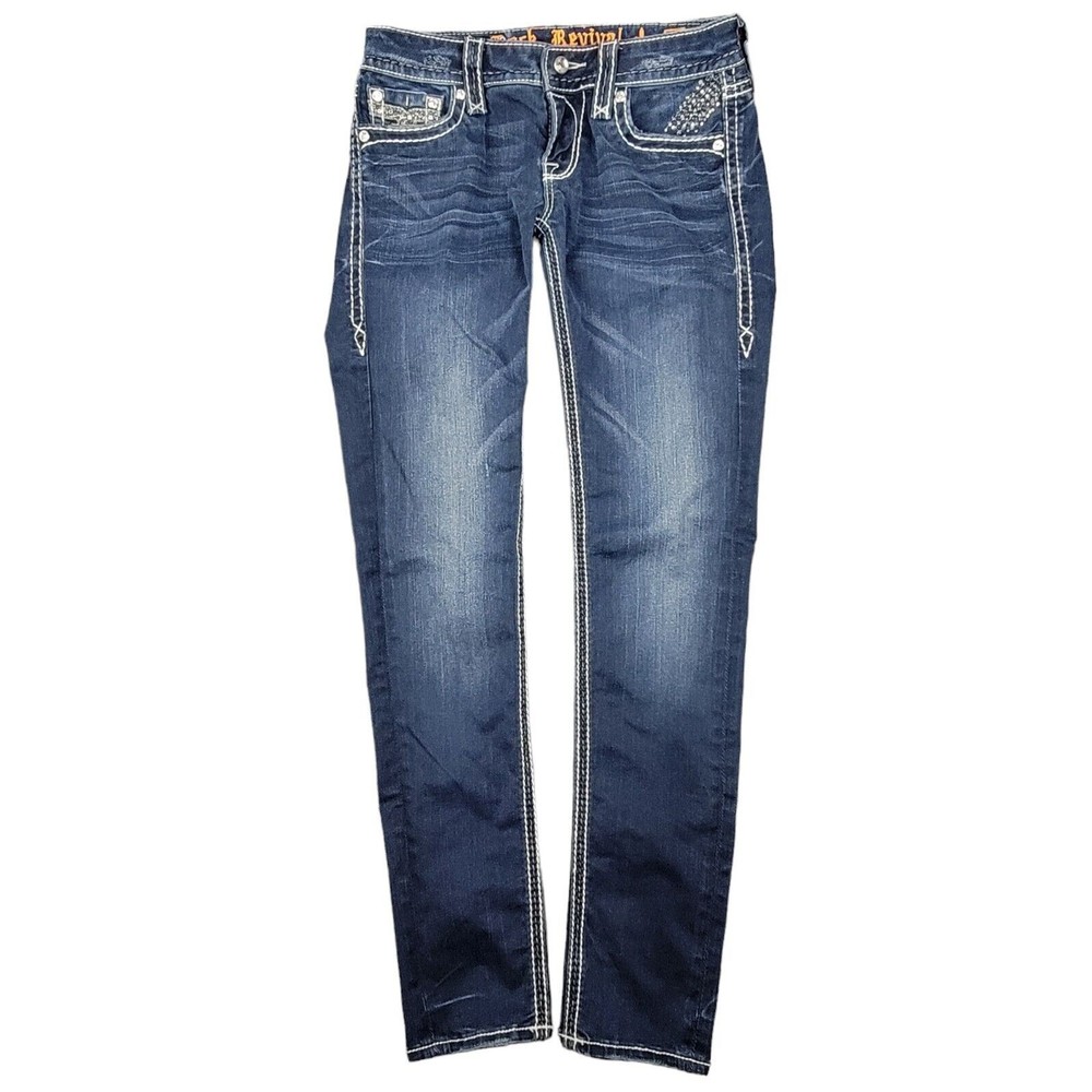 Rock Revival Women's Sherry Skinny Jeans Size 27 Rhinestone Distressed Dark Wash